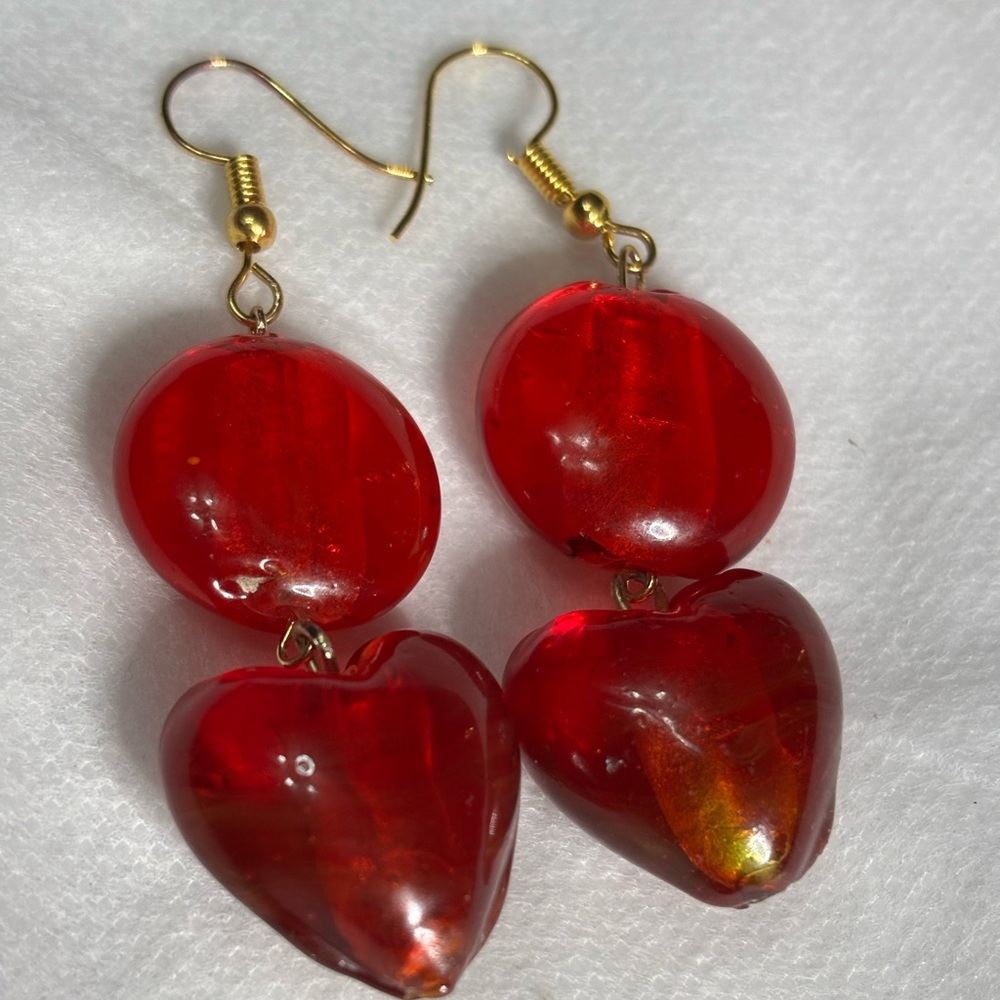 Handmade red heart earrings 2.5 inches